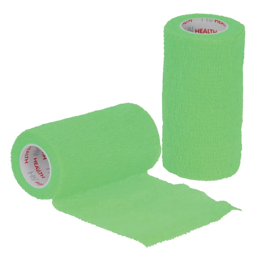 Two rolls of green cohesive bandage with a brand label on a white background