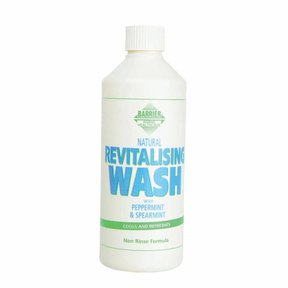 Bottle of Barrier Natural Revitalising Wash for horses on a white background