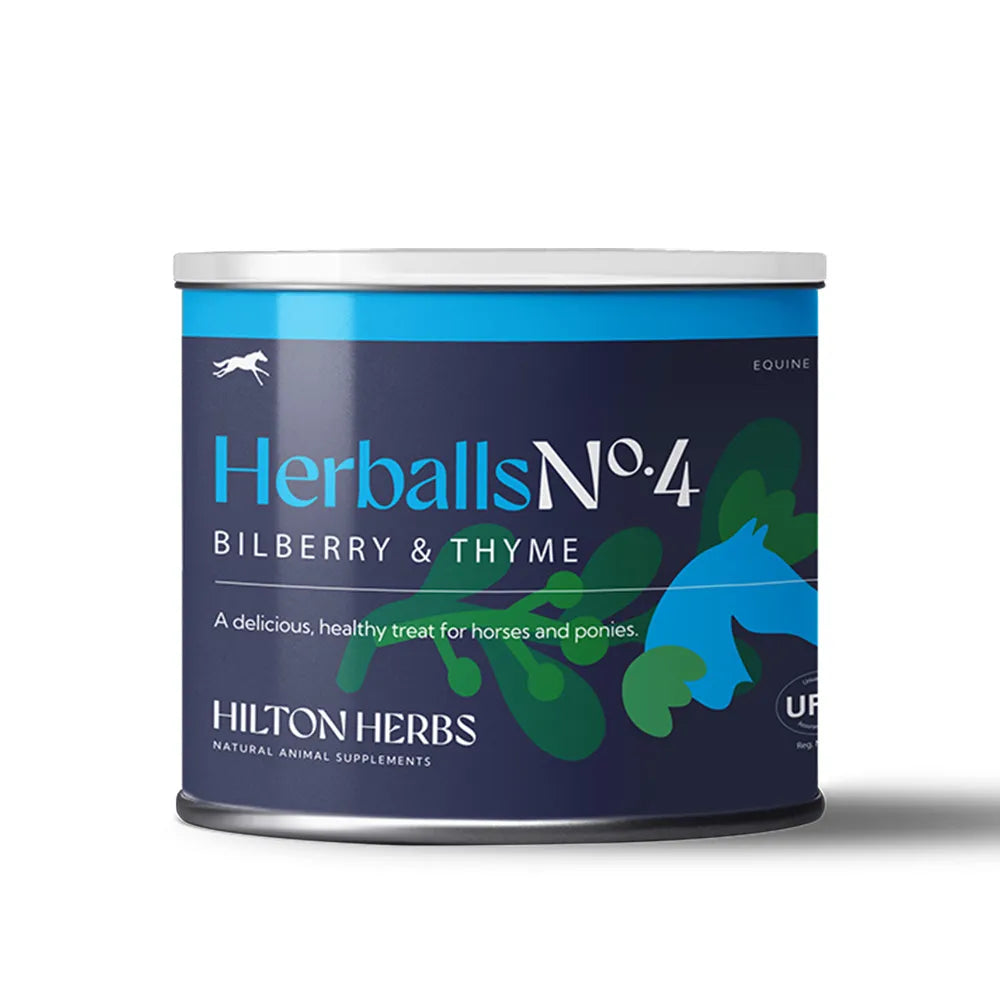 Can of Hilton Herballs No.4 Bilberry & Thyme treats for horses on a white background