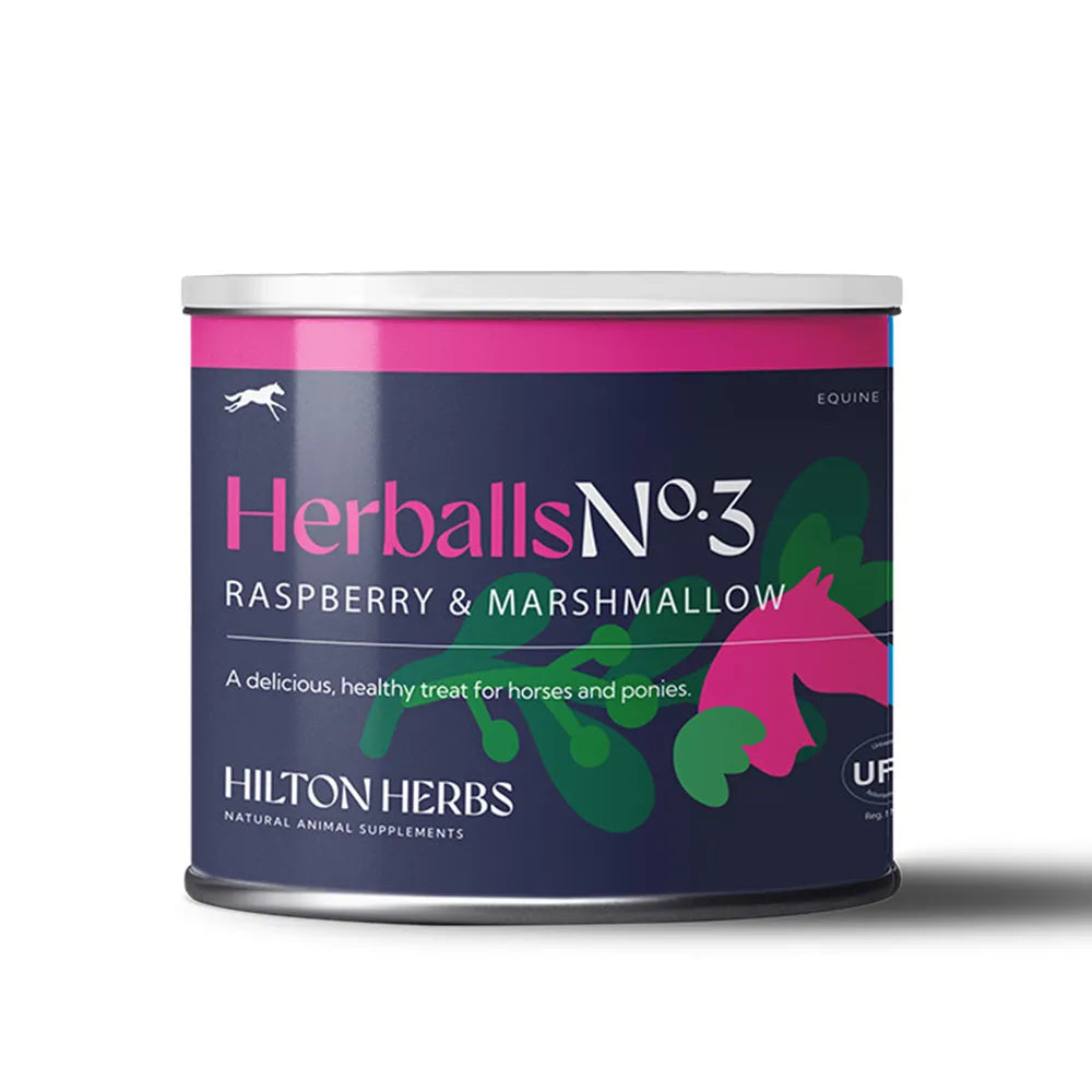 Canister of Herballs No.3 Raspberry & Marshmallow for horses on a white background