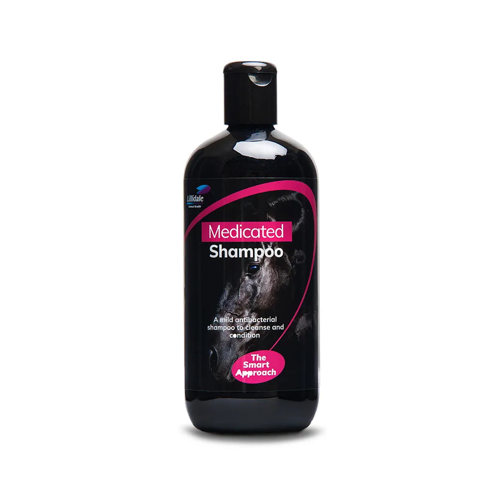Bottle of Lillidale medicated horse shampoo on a white background