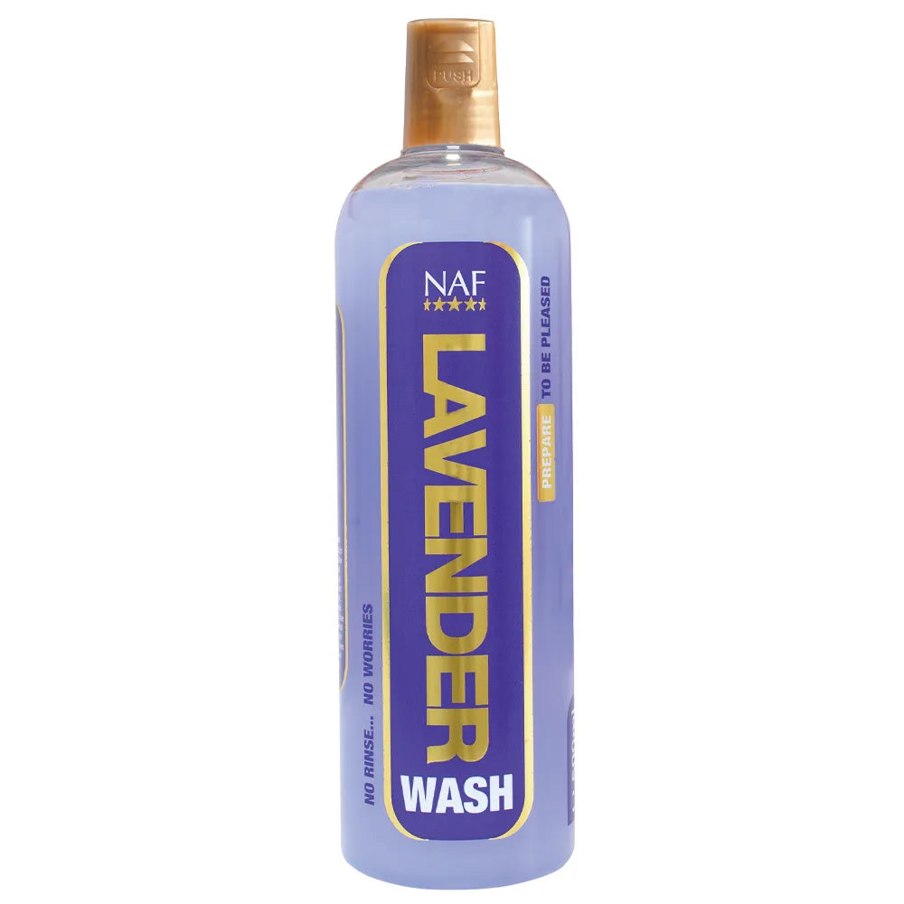 Bottle of NAF Lavender Wash for horses on a white background