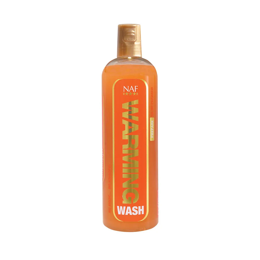 A bottle of NAF Warming Wash for horses on a white background
