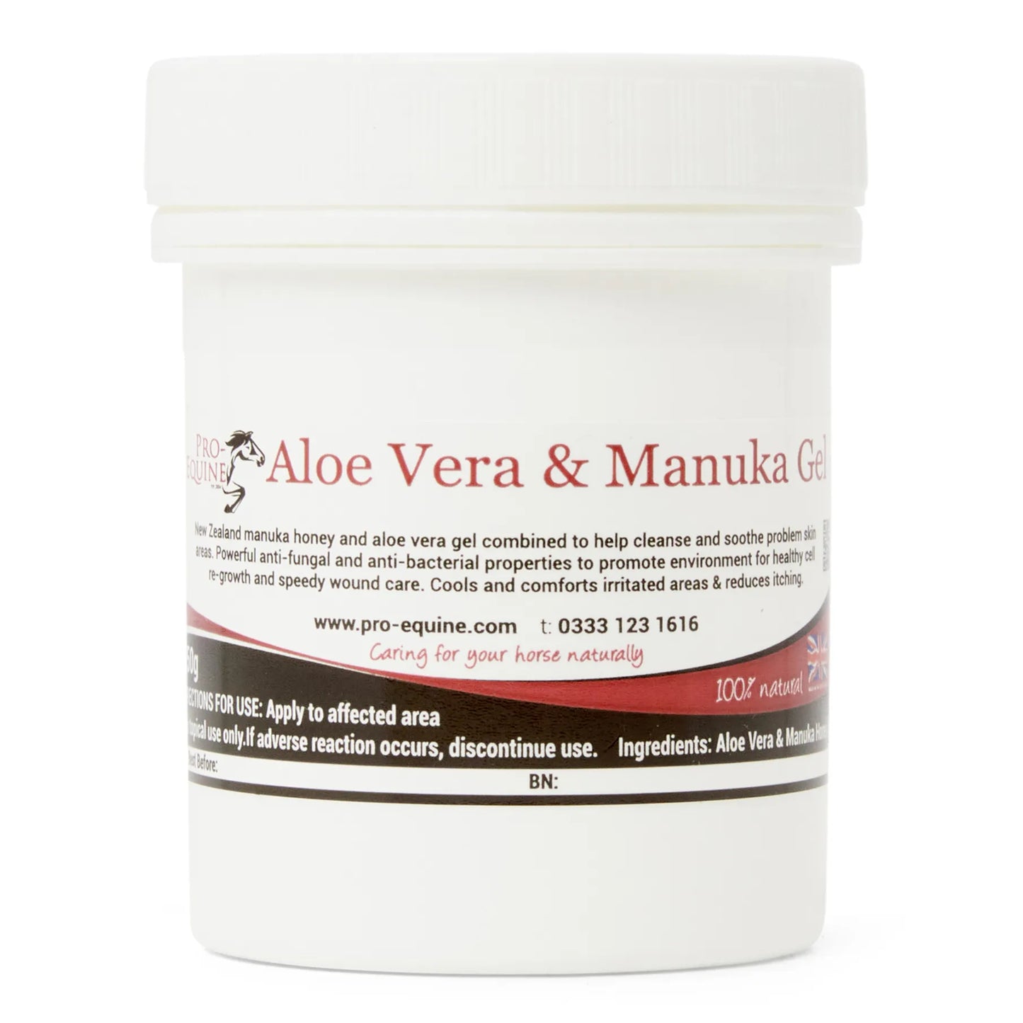 Jar of Pro-Equine Aloe Vera & Manuka Gel with label on a white background