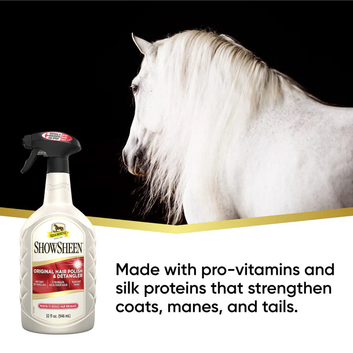 Absorbine ShowSheen hair polish bottle with a horse in the background