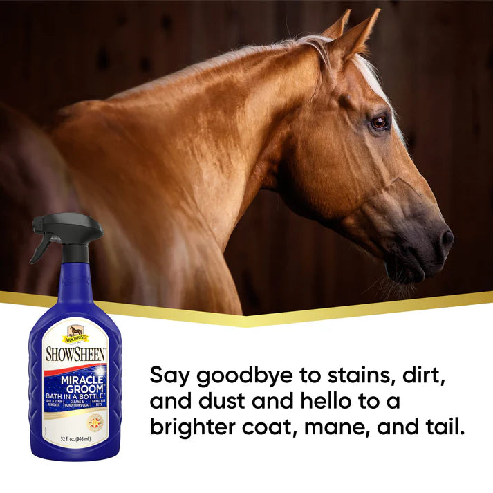Horse with ShowSheen Miracle Groom bottle and text on a dark background