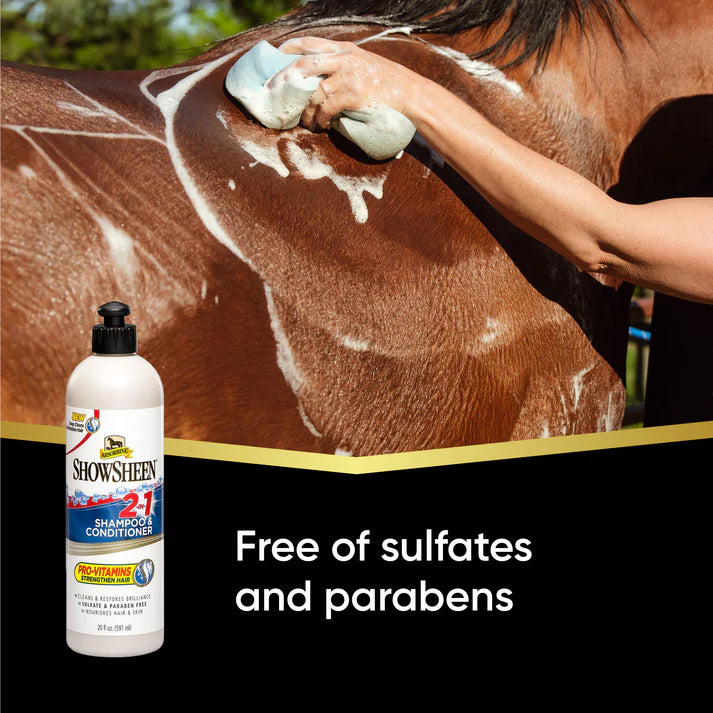 Person grooming a horse with Absorbine ShowSheen 2-in-1 Shampoo & Conditioner, with product displayed.