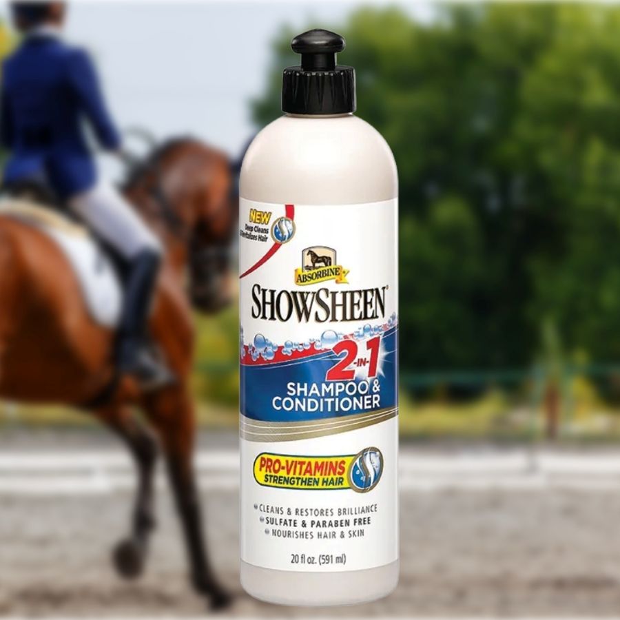 Bottle of Absorbine ShowSheen 2-in-1 Shampoo & Conditioner with a horse and rider in the background.