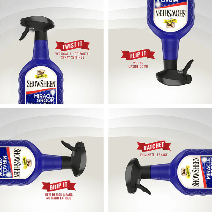 Absorbine ShowSheen Miracle Groom for horses bottle with features highlighted on a white background