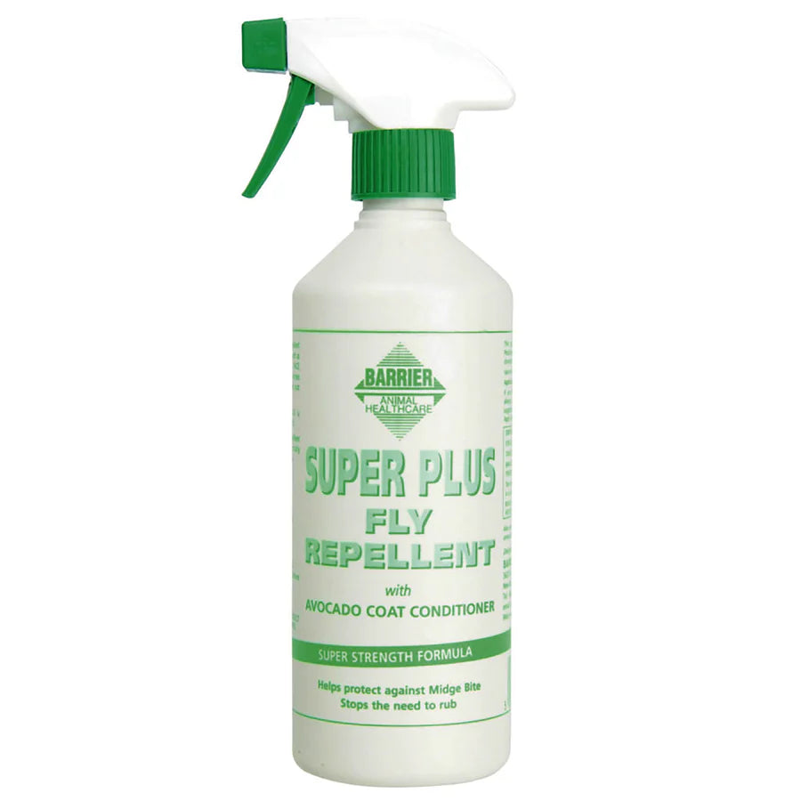 Barrier Super Plus Fly Repellent spray bottle on a white background