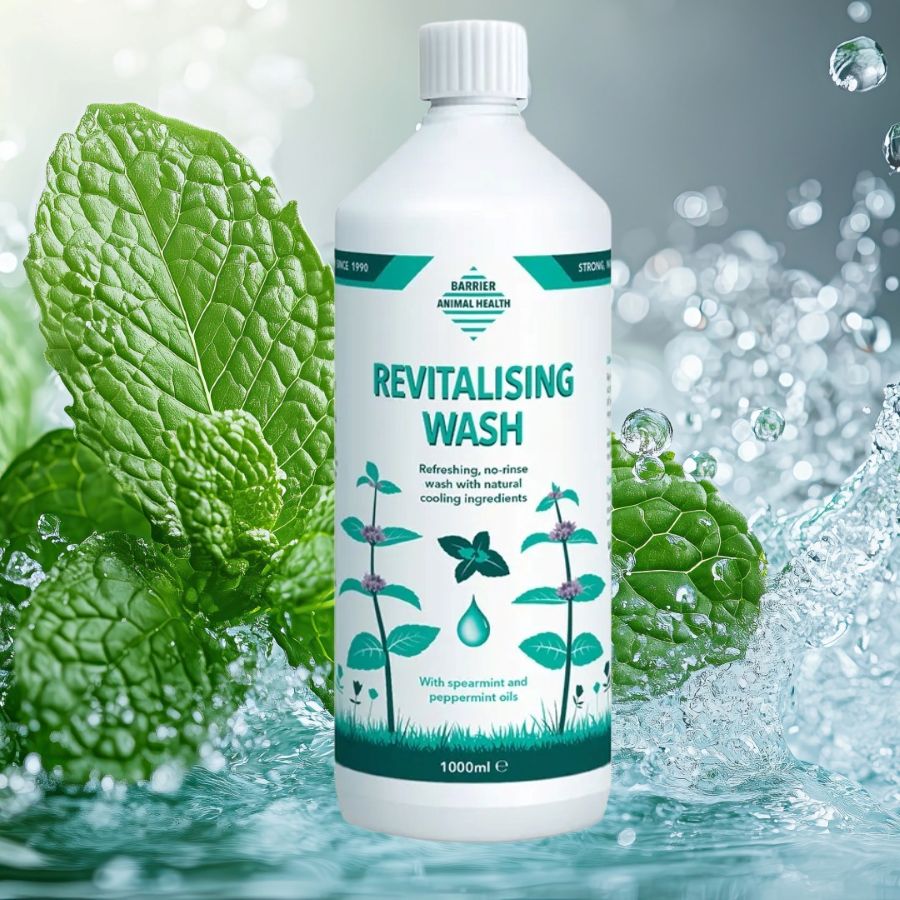 A product image of a bottle of Barrier Revitalising Wash for horses with a background of mint and a water splash