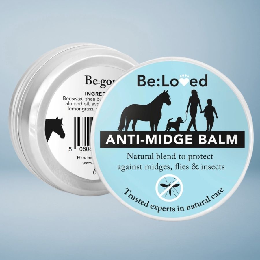 Be: Loved Anti-Midge Balm container with blue label on a light gray background