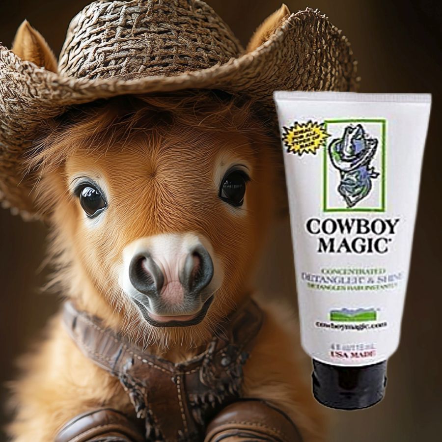 A miniature horse wearing a cowboy hat with a 'Cowboy Magic' Detangler and Shine Serum product in front