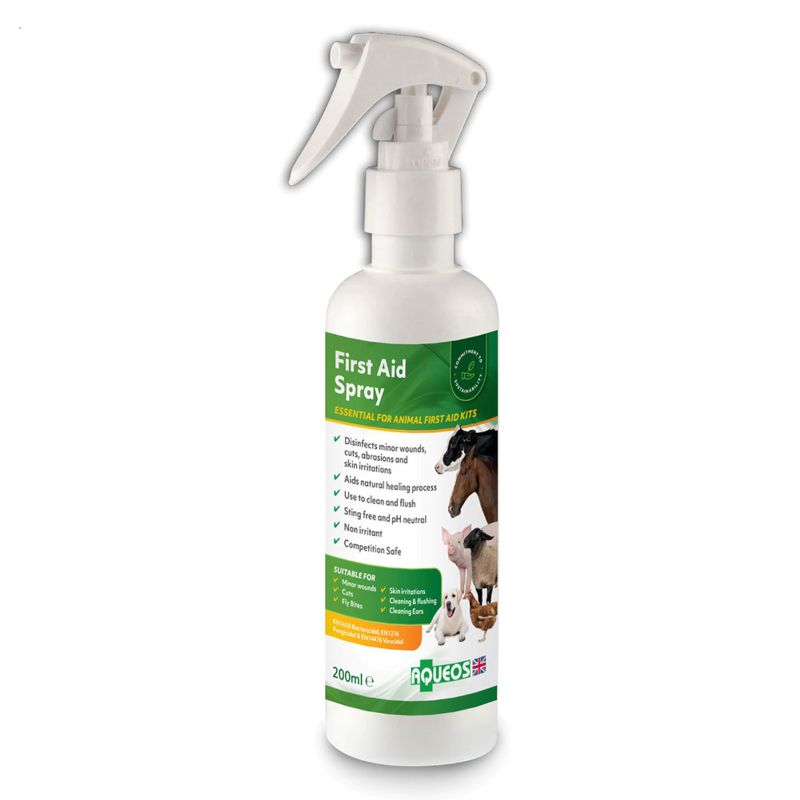 Aqueos First aid spray bottle with a white and green label on a white background