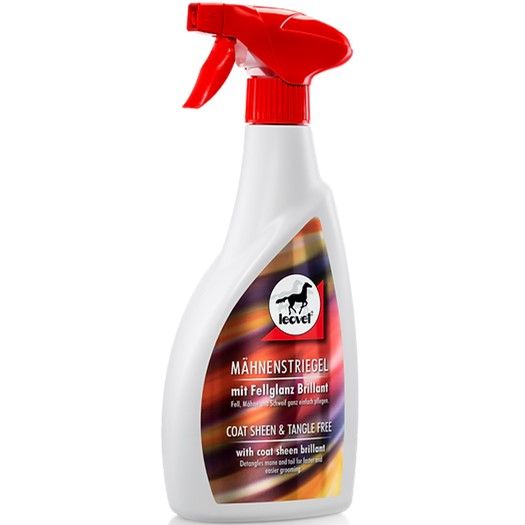 Leovet Caot Sheen and Tangle Free horse care product spray bottle with red nozzle on a white background