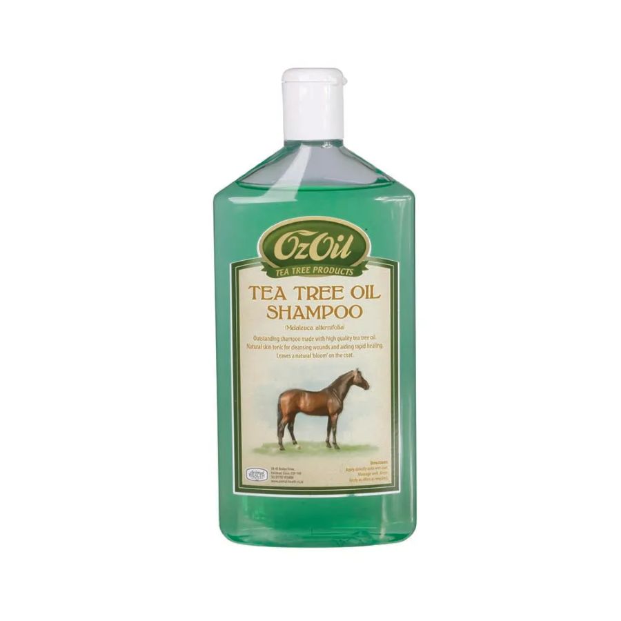 OzOil Tea Tree Oil Shampoo bottle with a horse on the label against a white background