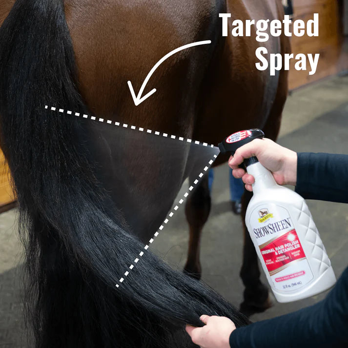 Person applying Absorbine Showsheen tail spray to a horse's tail with labeled 'Targeted Spray'.