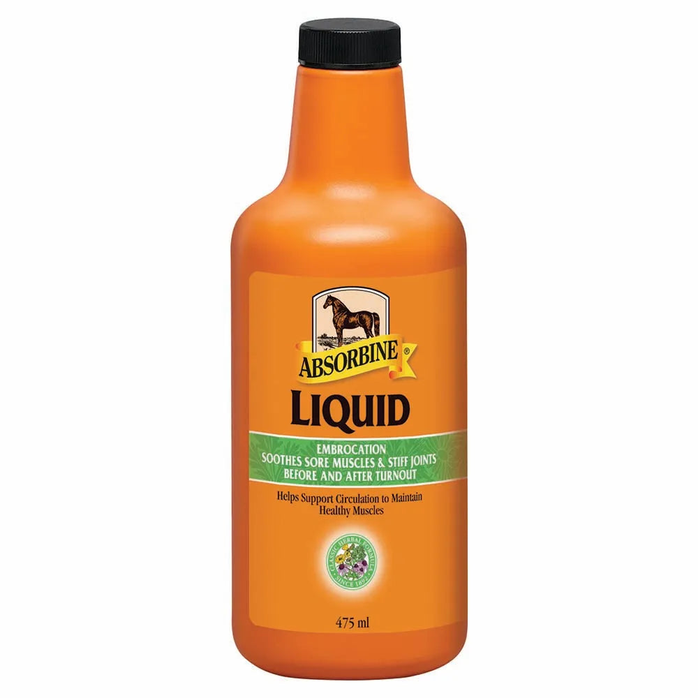 Orange bottle of Absorbine Liquid Embrocation for horses on a white background
