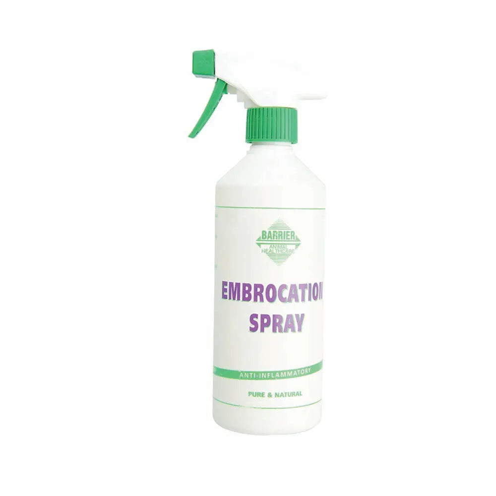 Bottle of Barrier Embrocation Spray for horses with green nozzle on a white background