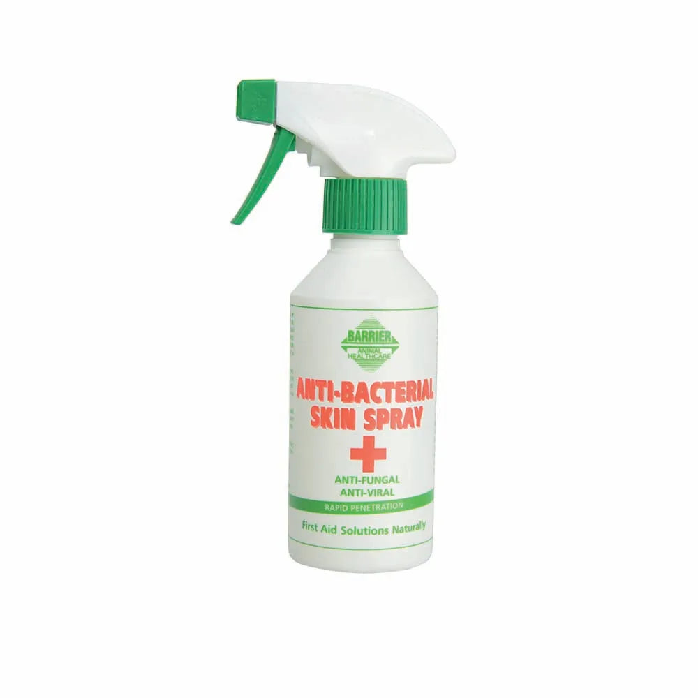 Barrier Anti-bacterial skin spray for horses bottle with green and white design on a white background