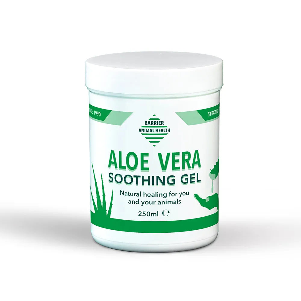 Aloe vera soothing gel for horses container with green and white design on a white background