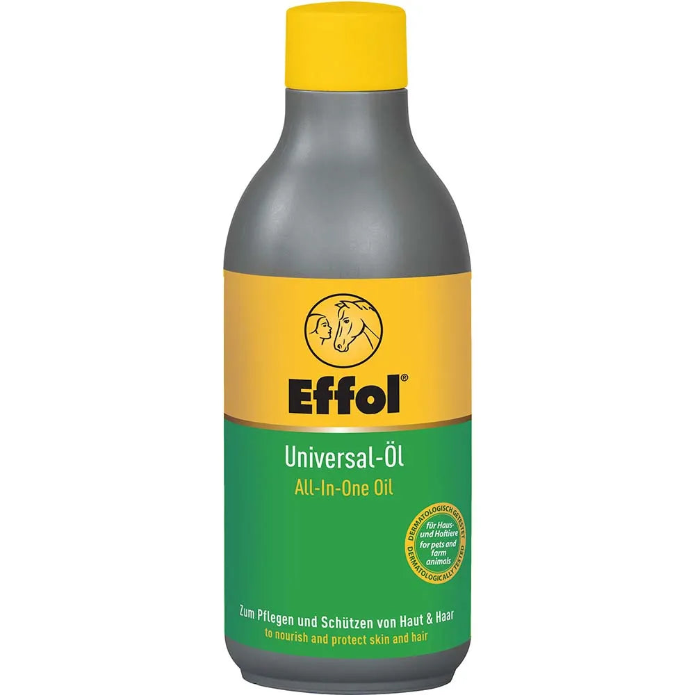 Bottle of Effol Universal-öl All-In-One Oil with yellow and green label on a white background