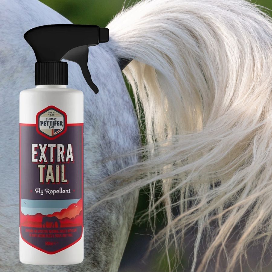 Thomas Pettifer Extra Tail fly repellent spray bottle with a horse in the background