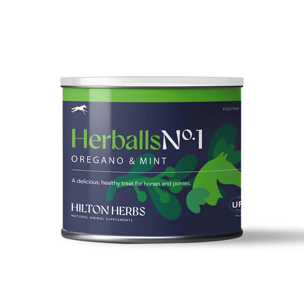 Canister of Hilton Herballs No. 1 Oregano & Mint for horses on a white background