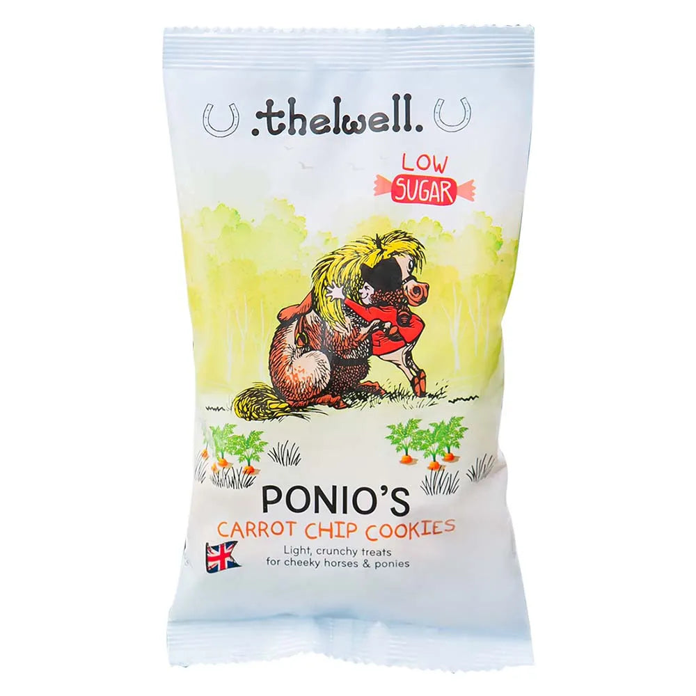 Package of Thelwell Ponio's Carrot Chip Cookies for horses on a white background