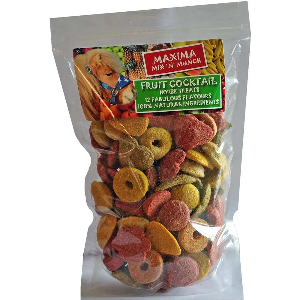 Bag of Maxima Mix 'N' Munch Fruit Cocktail horse treats with visible ingredients.