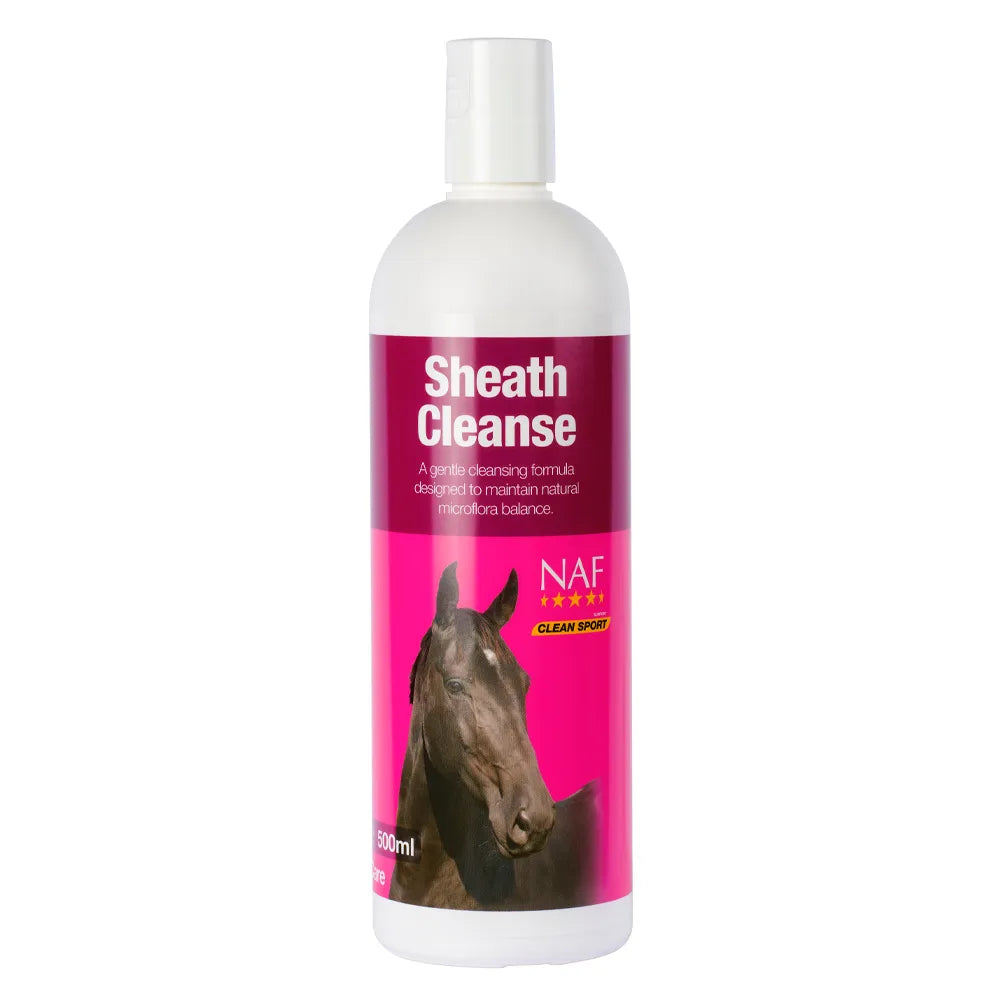 Bottle of NAF Sheath Cleanse for horses on a white background