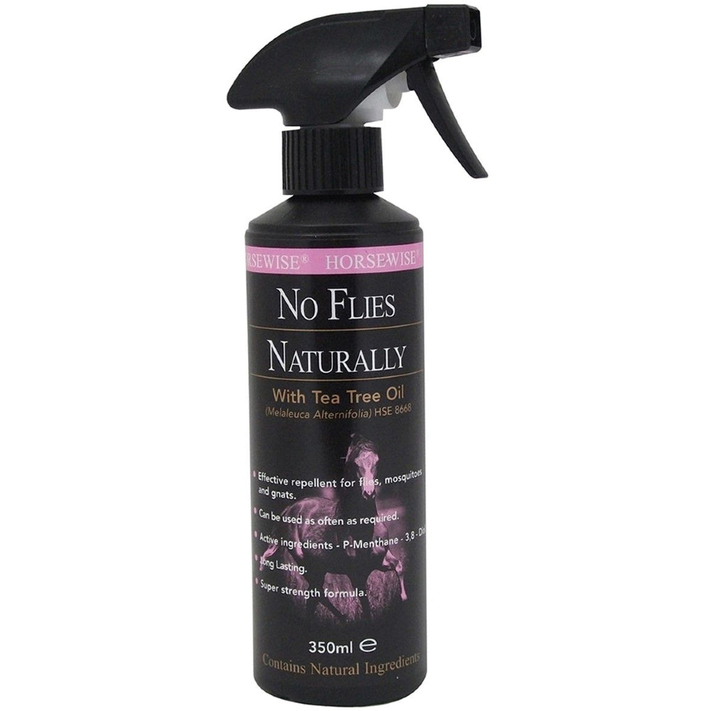 Horsewise spray bottle labeled 'No Flies Naturally' with tea tree oil on a white background