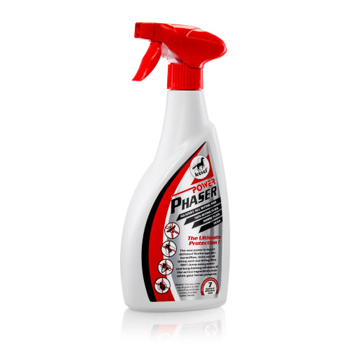 Horse Fly repellent Spray bottle labeled 'Power Phaser' on a white background