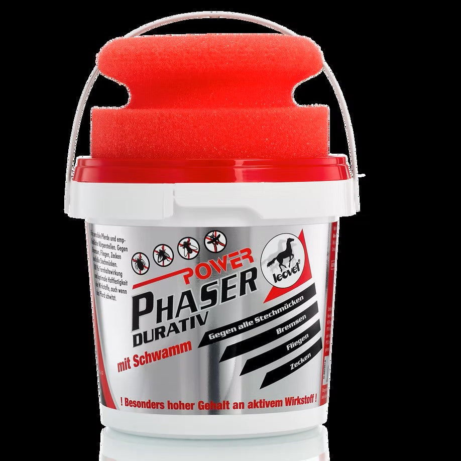 Leovet Power Phaser Gel fly repellent for horses in a silver tub with a red sponge on top