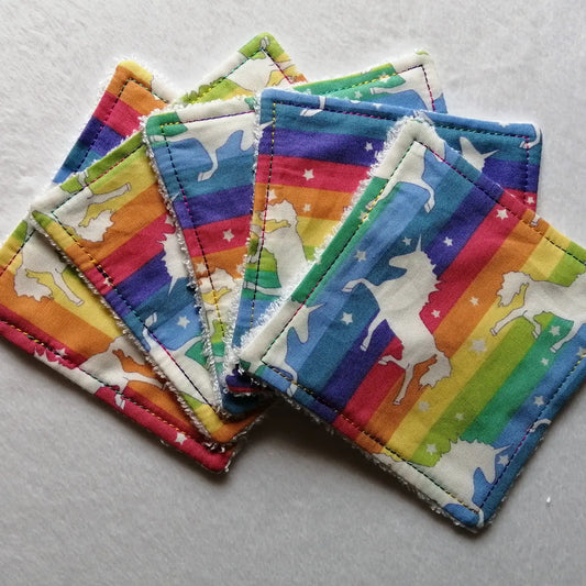 Five Bamboo and Cotton reusable wipes with a rainbow pattern design featuring white unicorns.