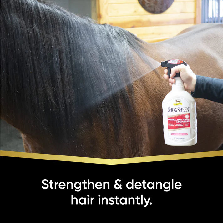 Person using Showsheen horse hair polish spray on a horse's coat with text 'Strengthen & detangle hair instantly'.
