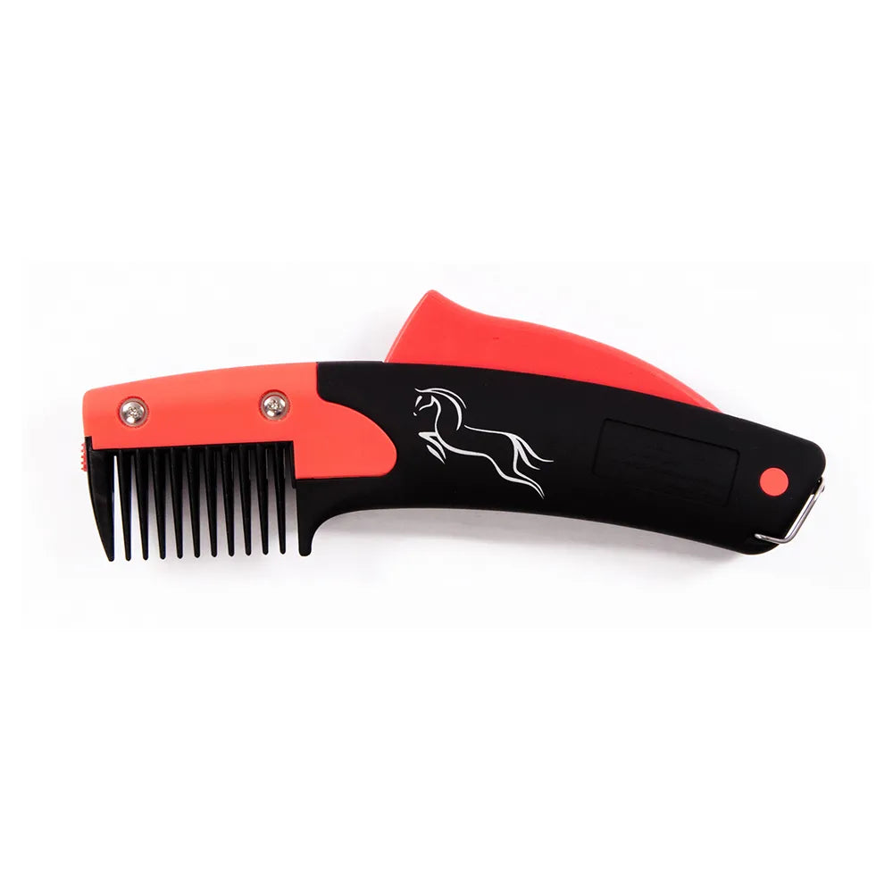 SoloComb for horses with red handle and black blade on a white background