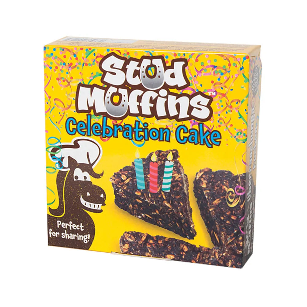 Box of Stud Muffins Celebration Cake with colorful design and cartoon horse on a white background