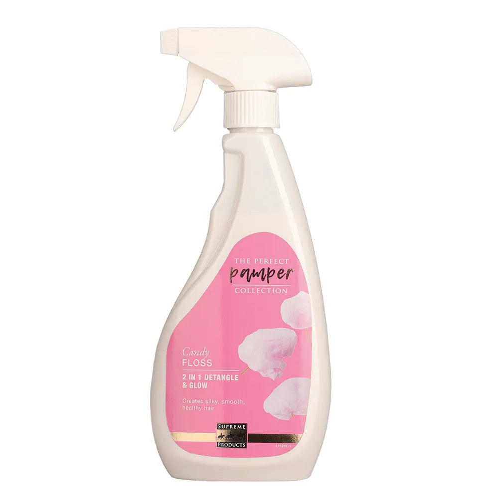Horse mane detangle Spray bottle with pink label on a white background