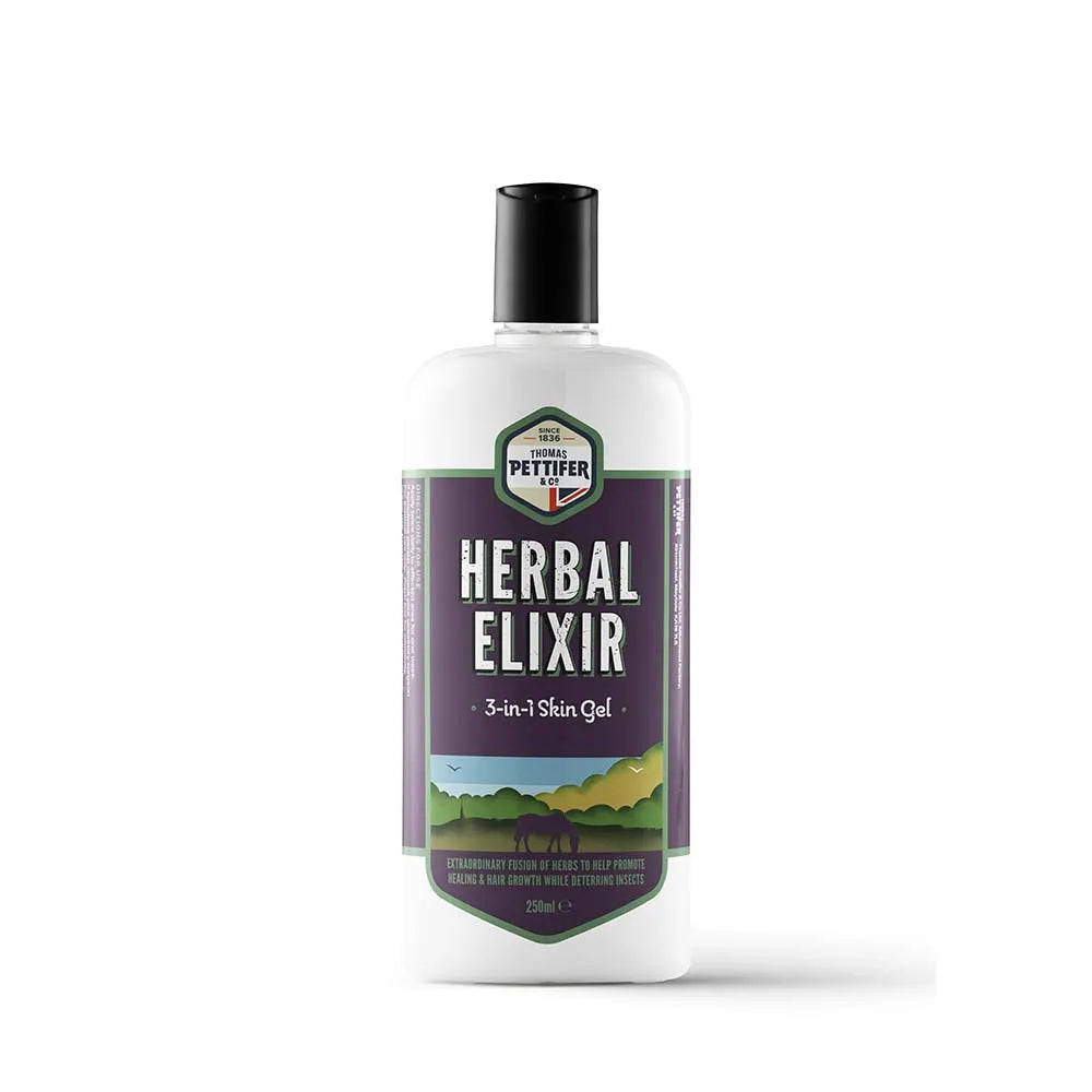 Bottle of Thomas Pettifer 'Herbal Elixir' skin gel for horses with a label on a white background