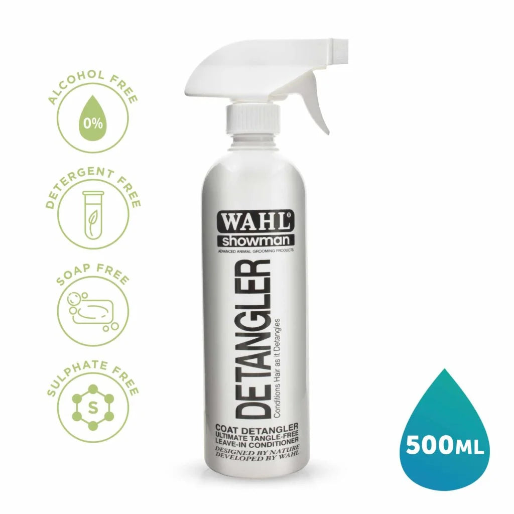 Wahl Showman Detangler spray bottle with product details on a white background