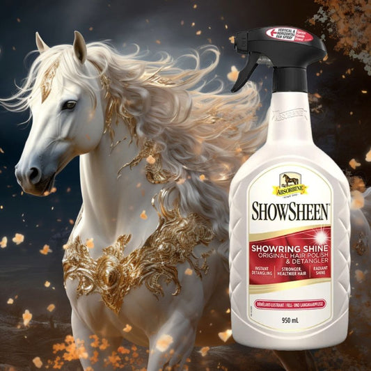 ShowSheen Detangler product with a white horse in the background