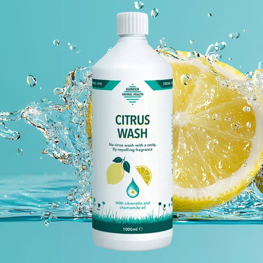 A product image of a bottle of Barrier Citrus Wash for horses with a lemon in a splash of water in the background