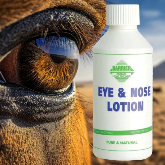 Bottle of Barrier Eye & Nose Lotion next to a horse's eye