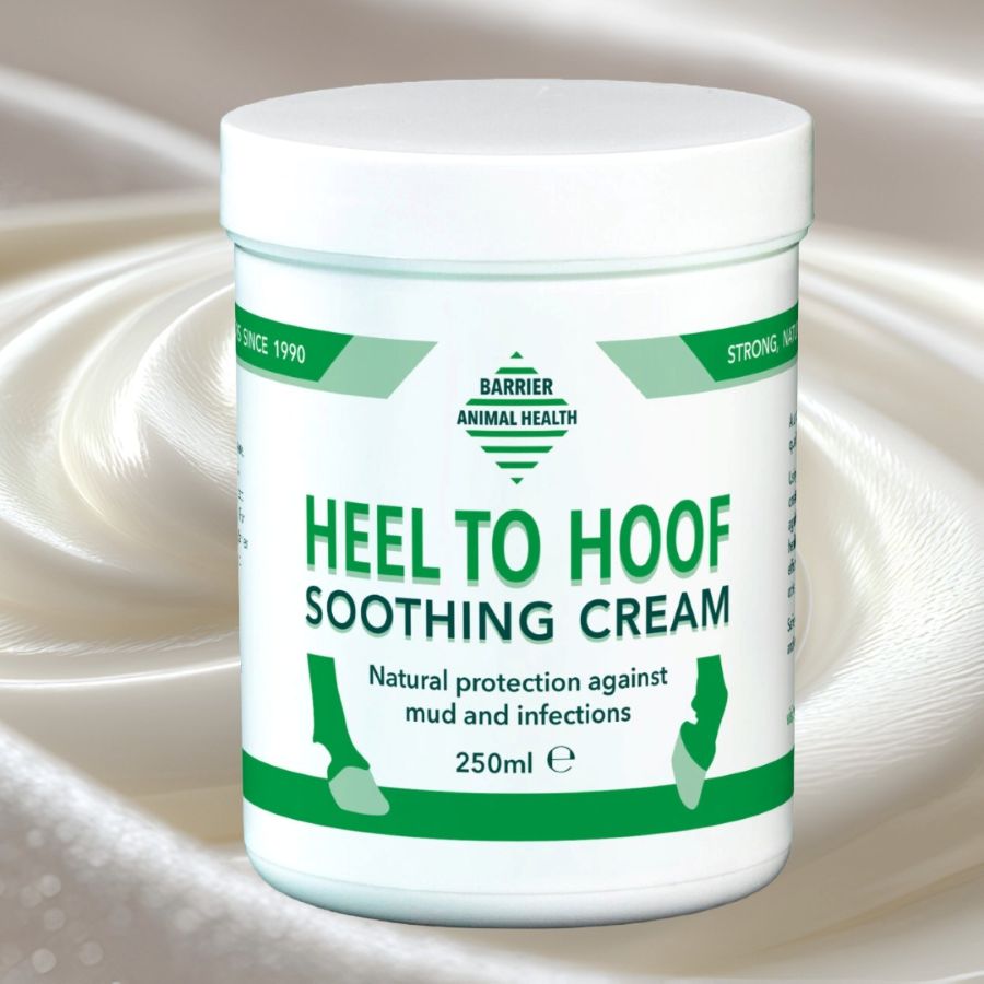 Jar of Barrier Animal Health Heel to Hoof Soothing Cream on a swirling cream background