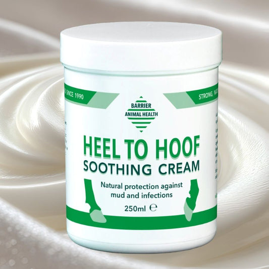 Jar of Barrier Animal Health Heel to Hoof Soothing Cream on a swirling cream background
