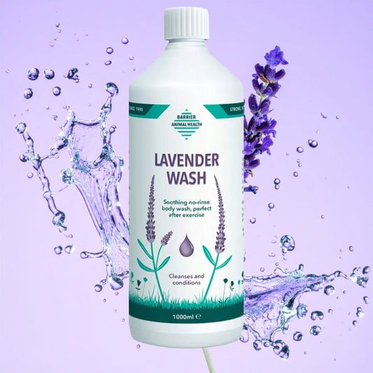 A product image of a bottle of Barrier Lavender Wash for horses with lavender and a splash of water in the background