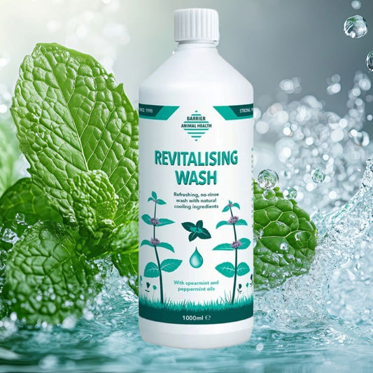 A product image of a bottle of Barrier Revitalising Wash for horses with a background of mint and a water splash