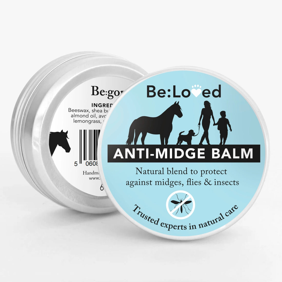 Anti-midge balm container with blue label on a white background