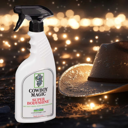 Cowboy Magic Super Bodyshine for horses bottle with a cowboy hat and lights  in the background